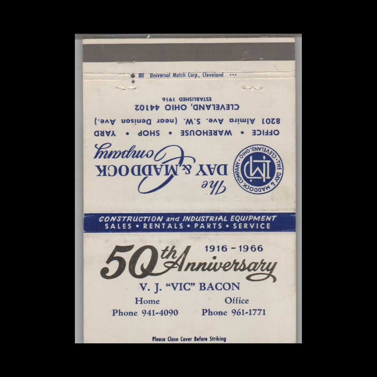Day &amp; Maddock Co. Construction Equipment Cleveland OH Vintage Matchbook Advertising Cover