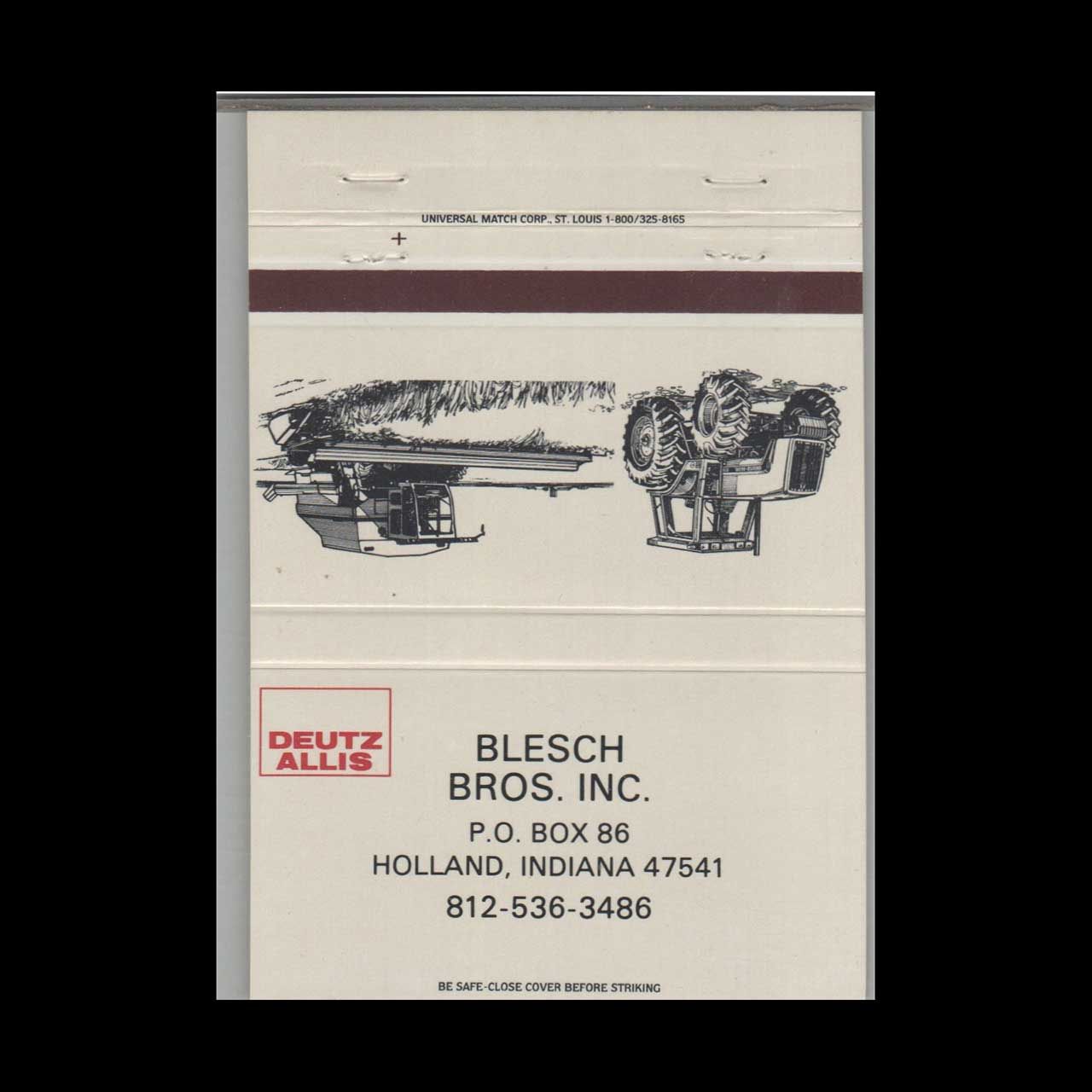 Deutz Allis Blesch Bros Inc Holland IN Vintage Matchbook Advertising Cover
