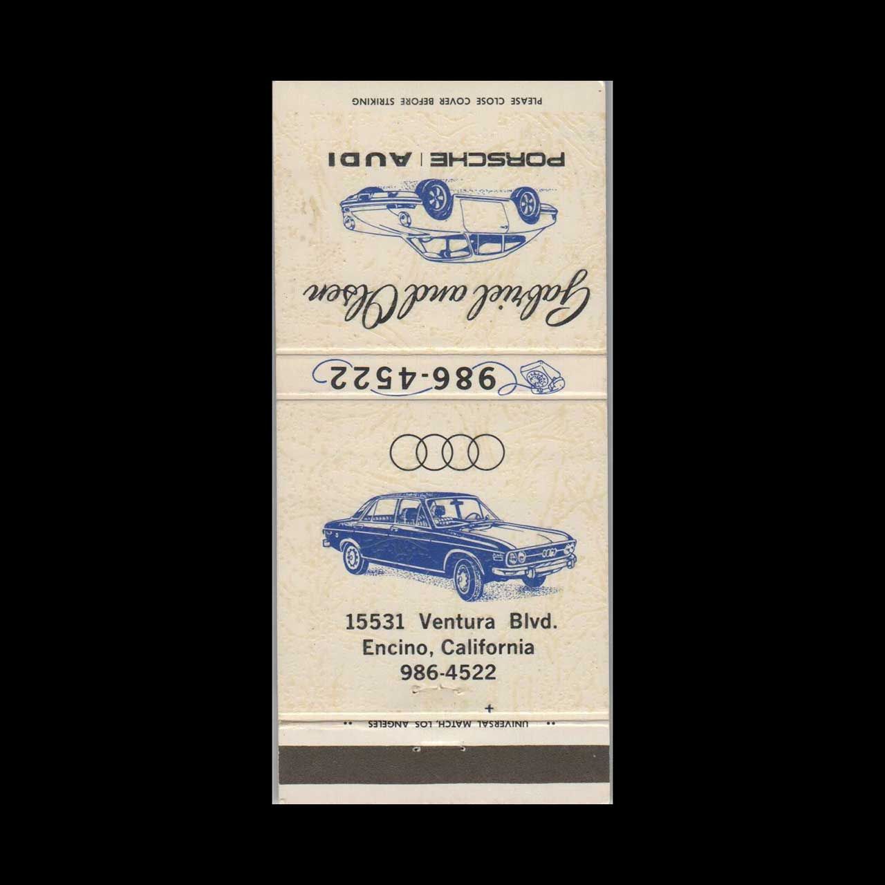 Porsche Audi Dealer Gabriel and Olsen Encino, CA Vintage Matchbook Advertising Cover