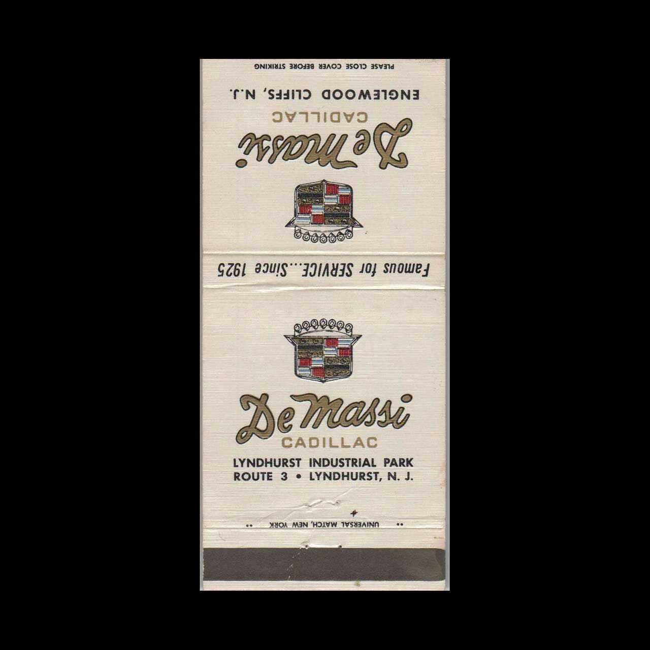 Cadillac Dealer DeMassi Cadillac Englewood Cliffs, NJ Vintage Matchbook Advertising Cover