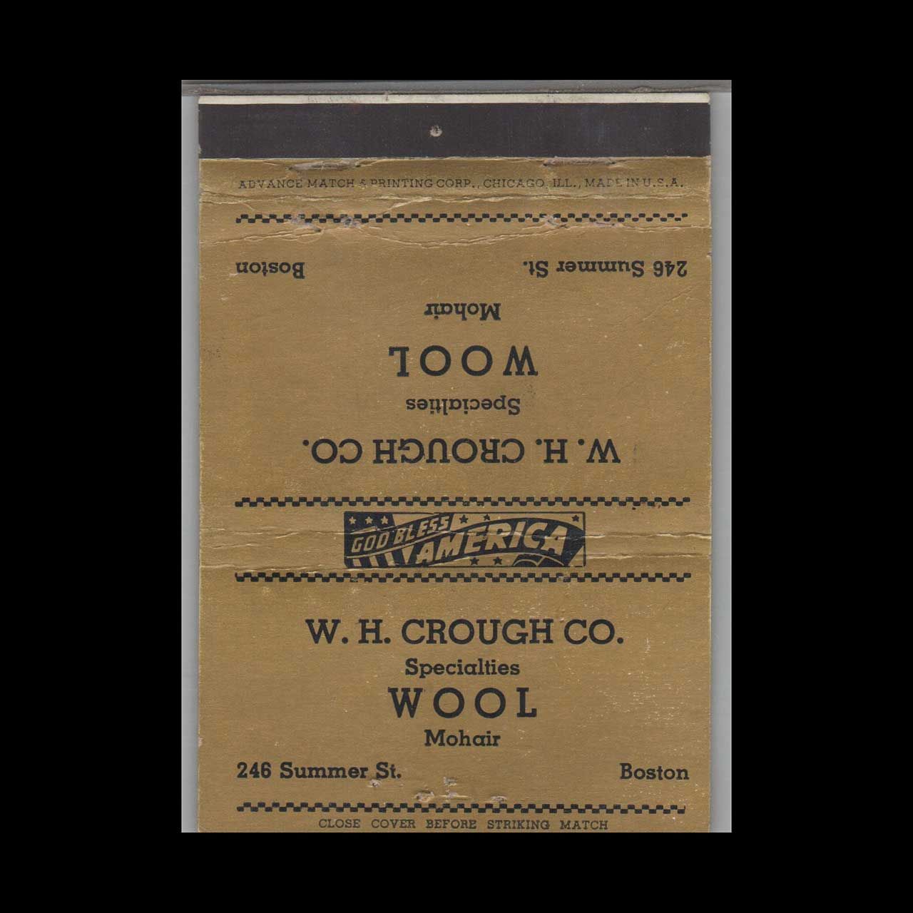 W H Crough Co Wool Specialties Boston MA Vintage Matchbook Advertising Cover