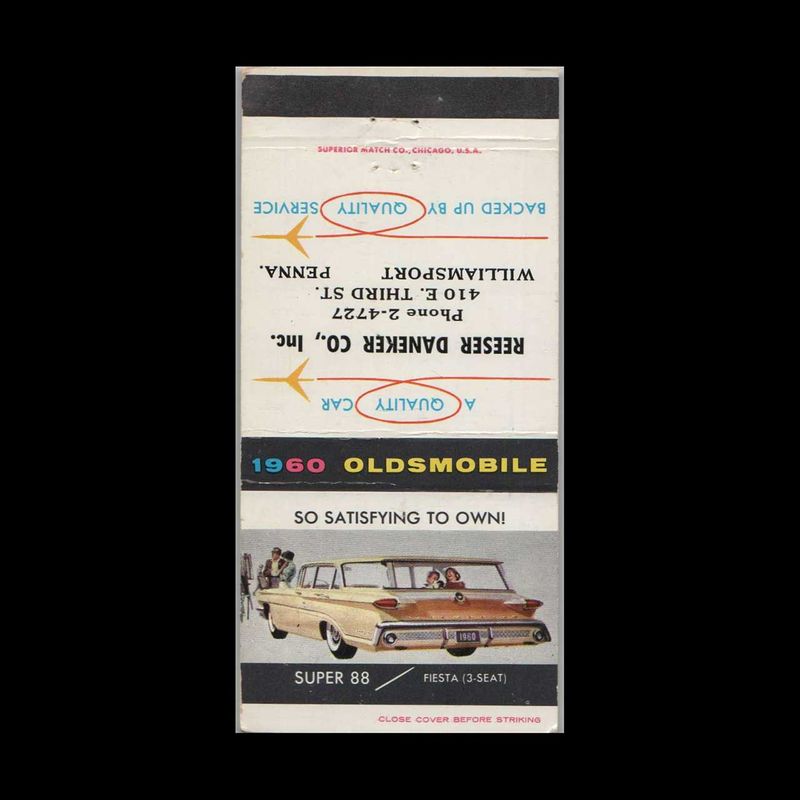 1960 Oldsmobile Dealer Reeser Daneker Co Williamsport, PA Vintage Matchbook Advertising Cover