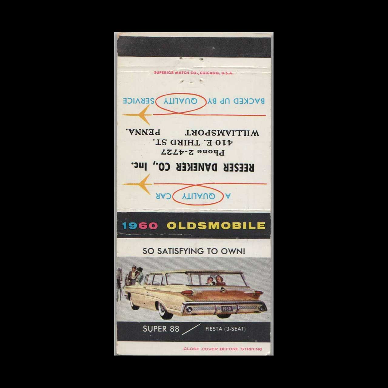 1960 Oldsmobile Dealer Reeser Daneker Co Williamsport, PA Vintage Matchbook Advertising Cover