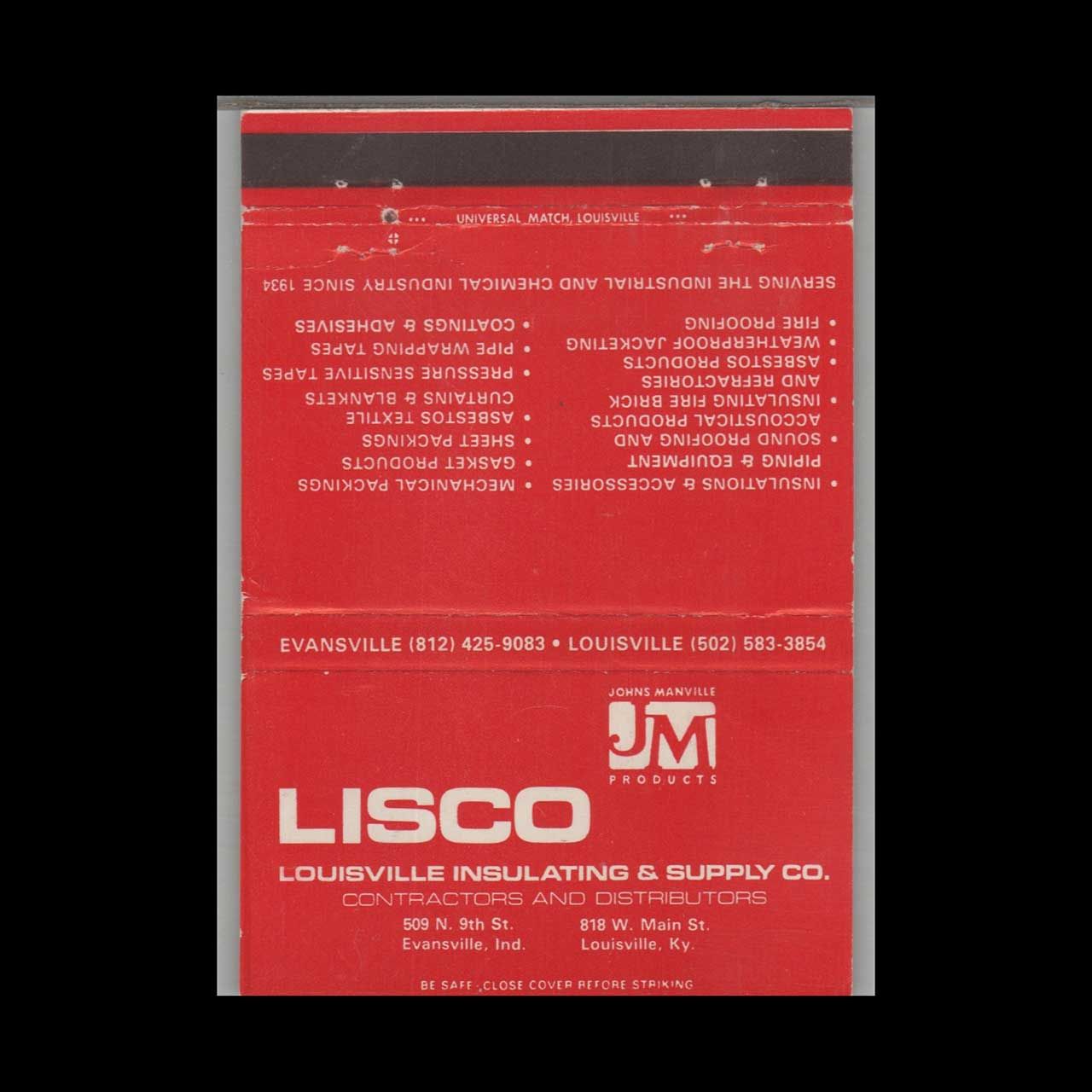 LISCo Louisville Insulating &amp; Supply Evansville IN Vintage Matchbook Advertising Cover