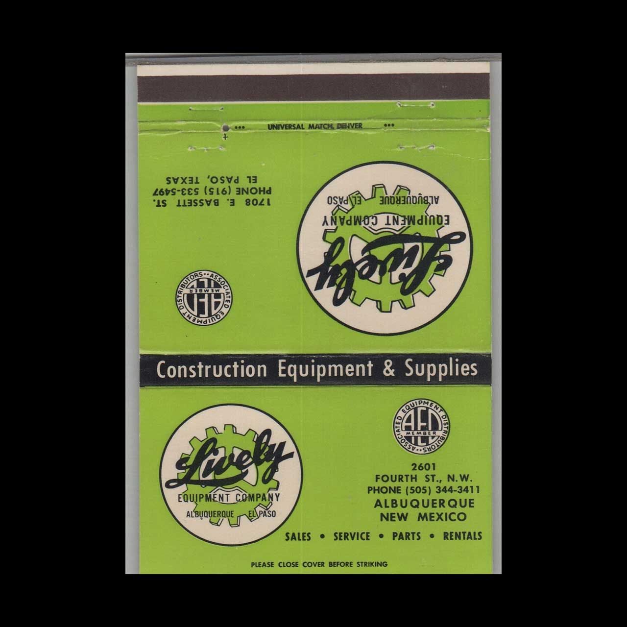 Lively Equipment Company Albuquerque NM Vintage Matchbook Advertising Cover