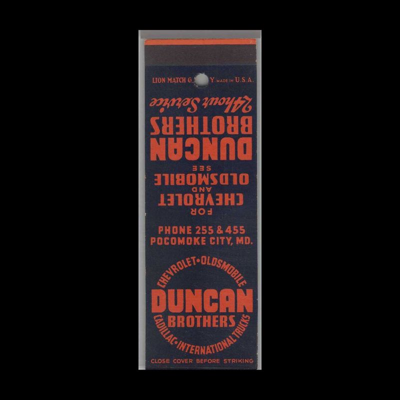 Vintage Chevrolet Dealer - Duncan Brothers Chevy Pocomoke City Vintage Matchbook Advertising Cover