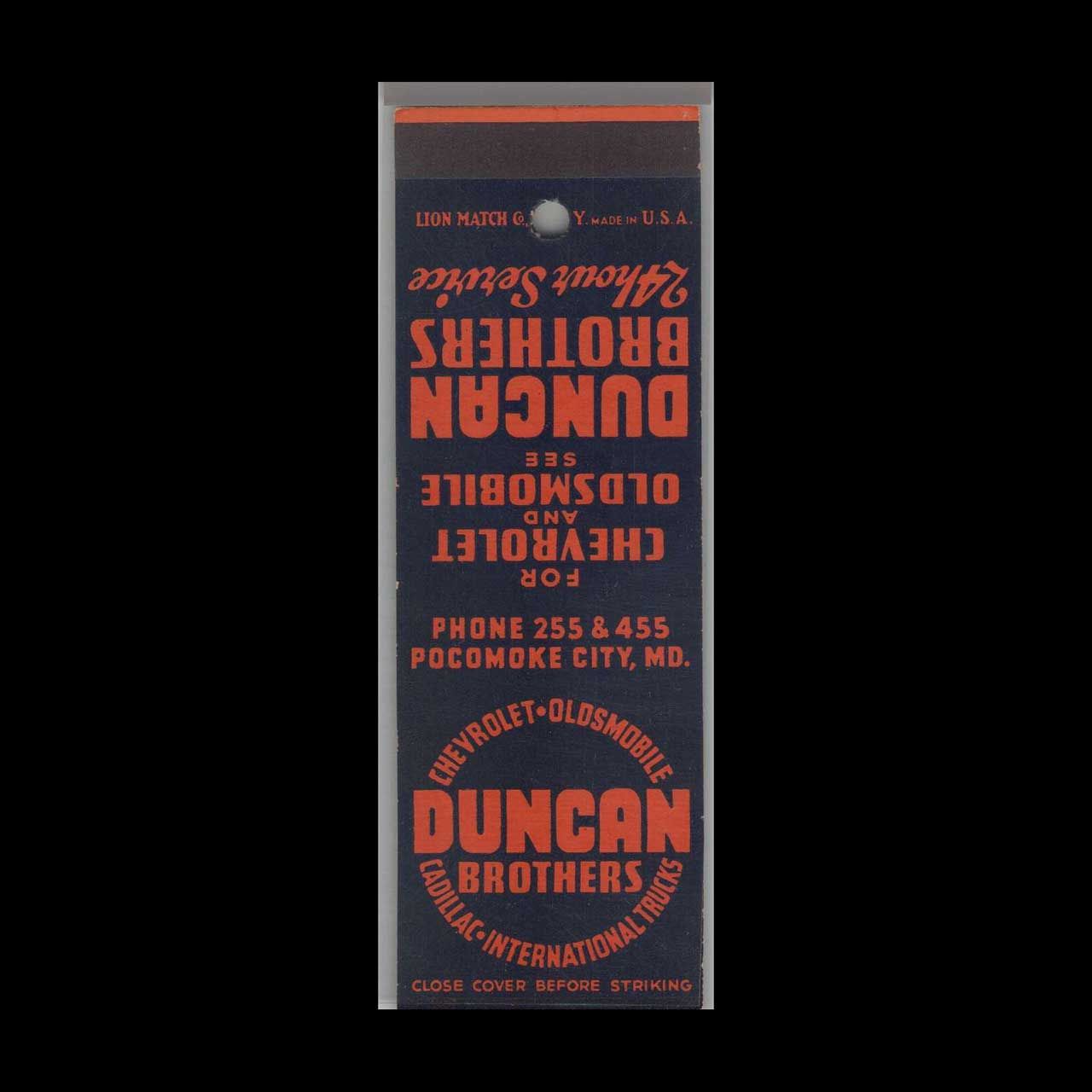 Vintage Chevrolet Dealer - Duncan Brothers Chevy Pocomoke City Vintage Matchbook Advertising Cover