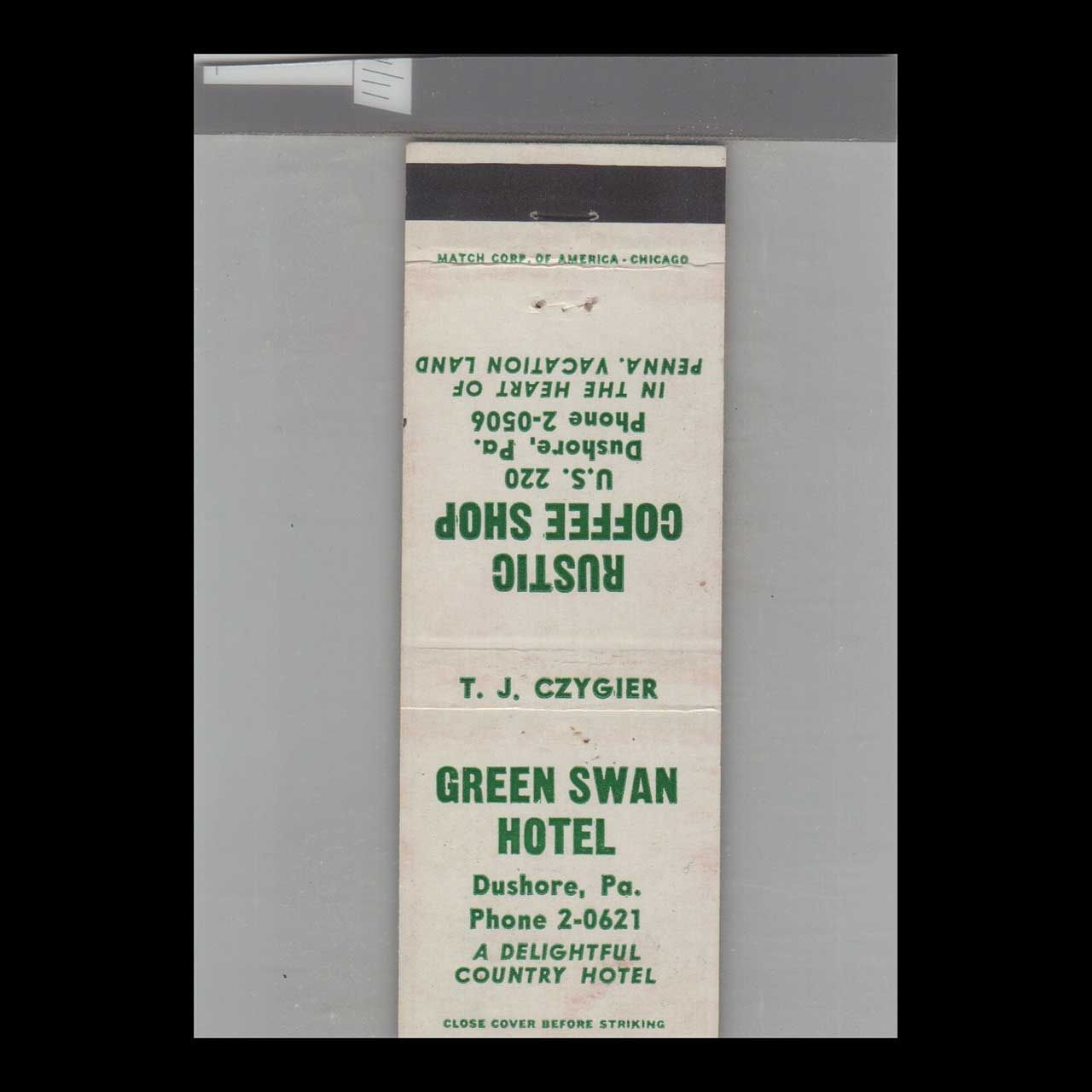 Green Swan Hotel Dushore, PA Vintage Matchbook Advertising Cover