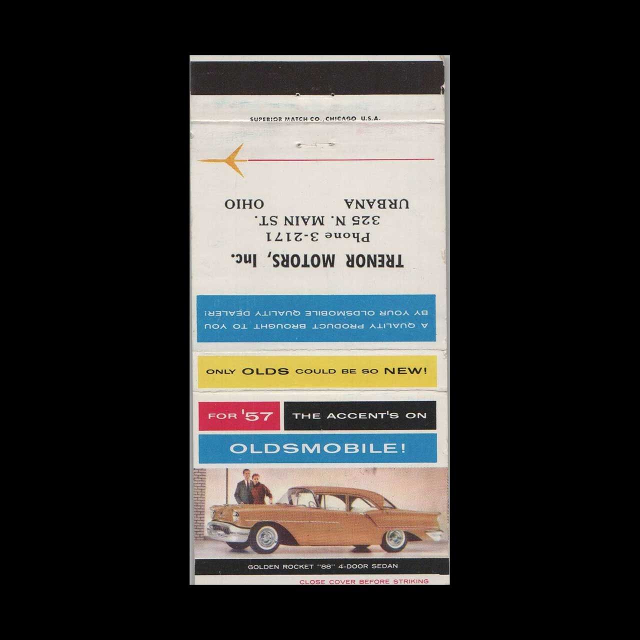 1957 Oldsmobile Dealer Trenor Motors Urbana, OH Vintage Matchbook Advertising Cover