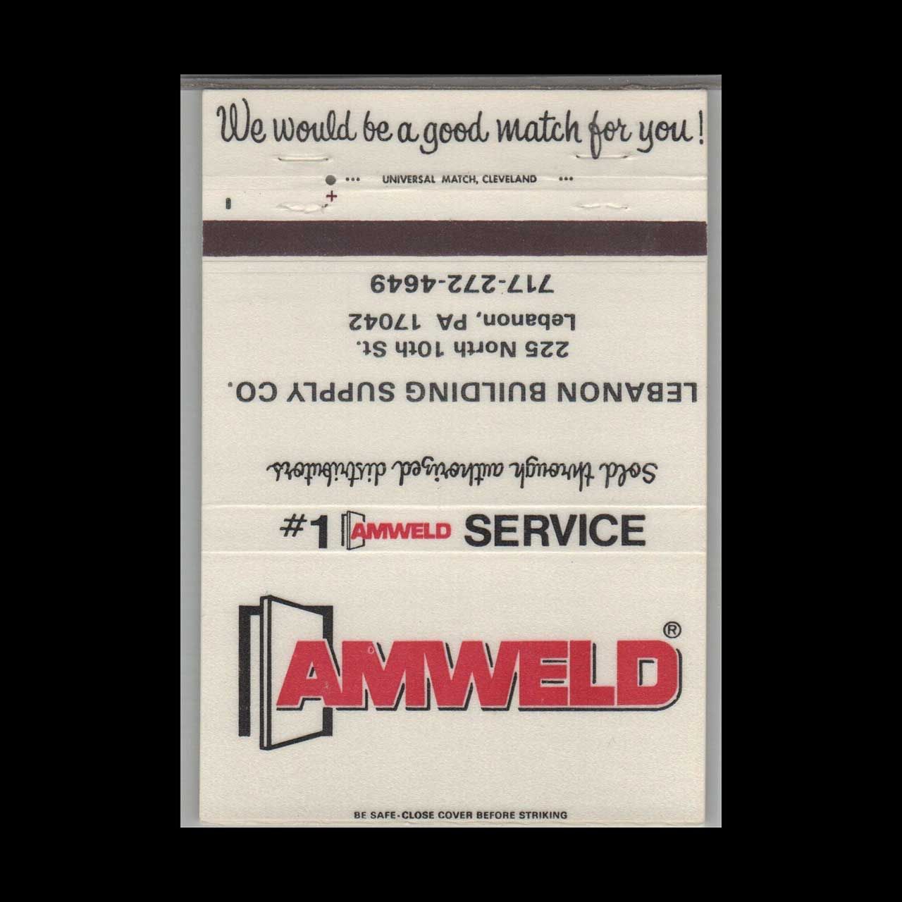 Amweld Lebanon Building Supply Lebanon PA #1 Vintage Matchbook Advertising Cover