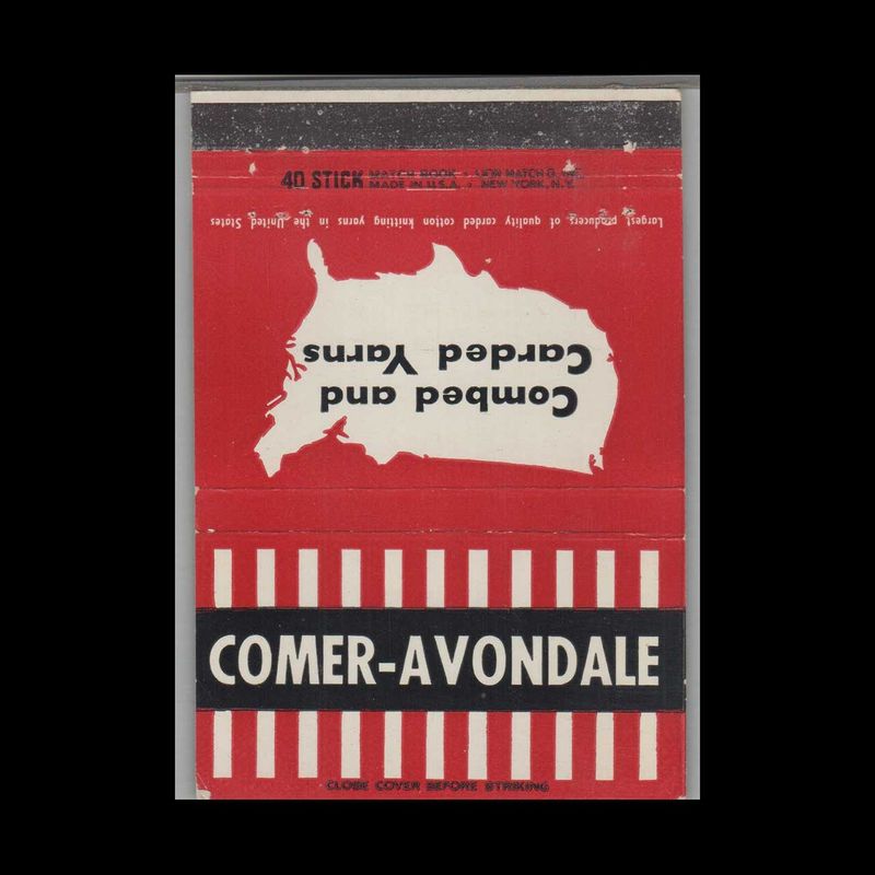Comer-Avondale Combed And Carded Yarns Vintage Matchbook Advertising Cover