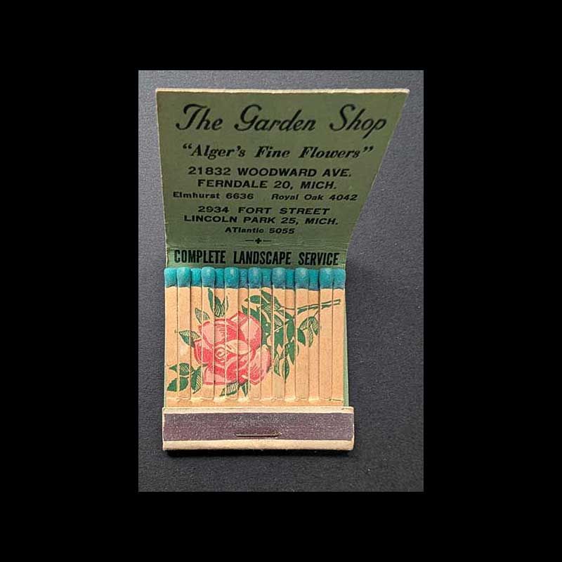 Printed Stick Matchbook Full Book The Garden Shop Alger&#39;s Flowers Ferndale MI Vintage Matchbook Advertising Cover