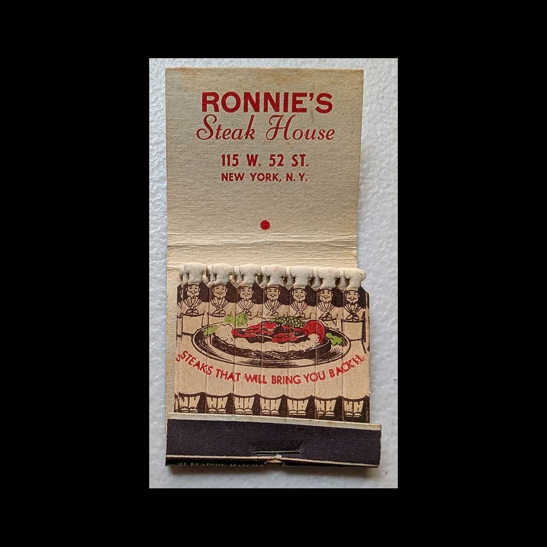 Feature Matchbook Full Book Ronnie&#39;s Steak House New York, NY Vintage Matchbook Advertising Cover