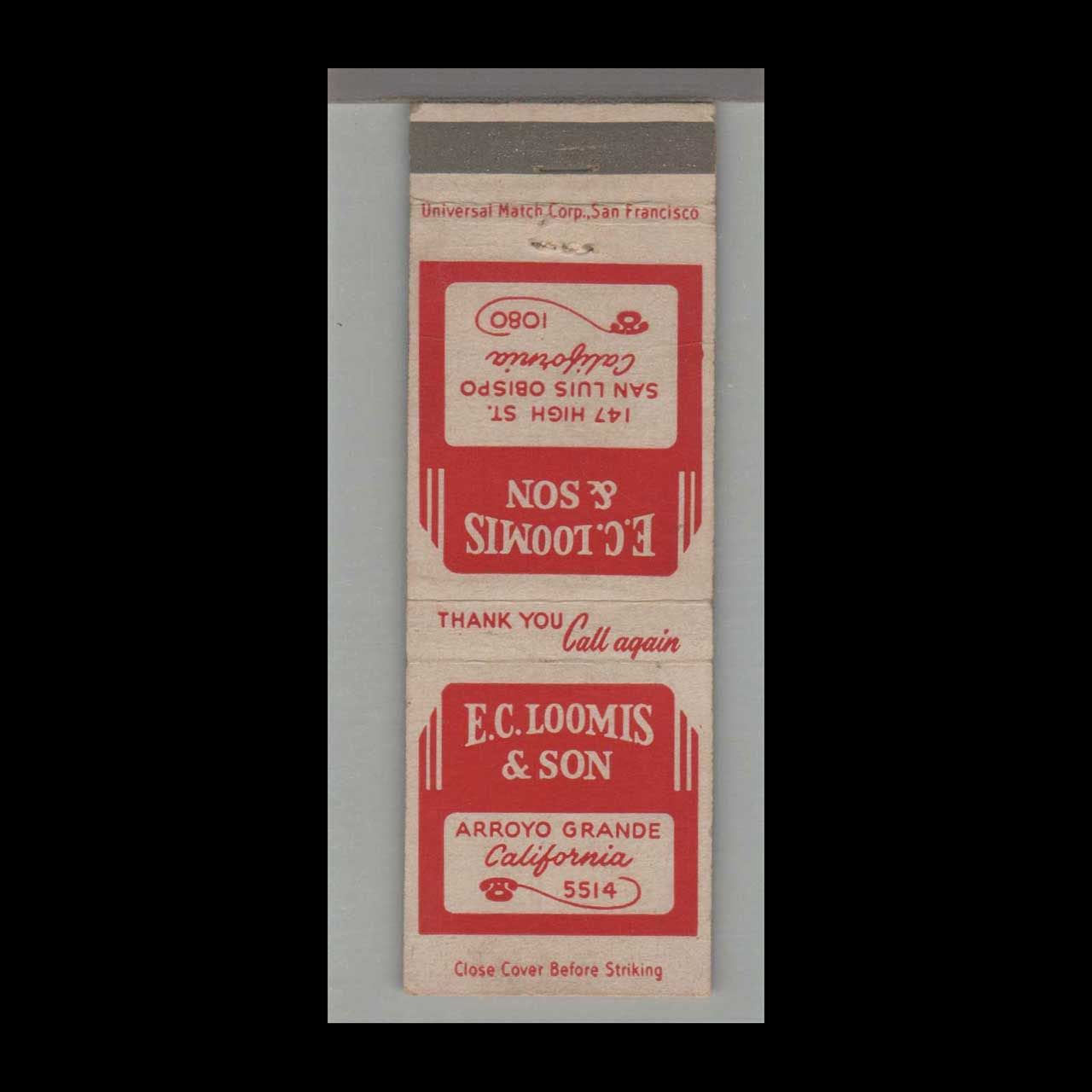 Farm E.C. Loomis &amp; Son Feeds &amp; Seeds Arroyo Grande, CA Vintage Matchbook Advertising Cover