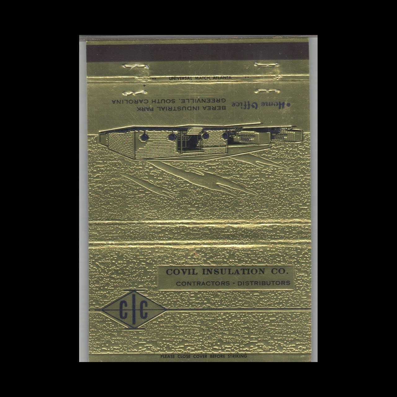 Covil Insulation Co. Greenville SC #1 Vintage Matchbook Advertising Cover