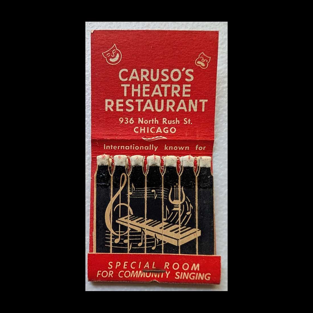 Feature Matchbook Full Book Caruso&#39;s Theatre Restaurant Chicago, IL Vintage Matchbook Advertising Cover