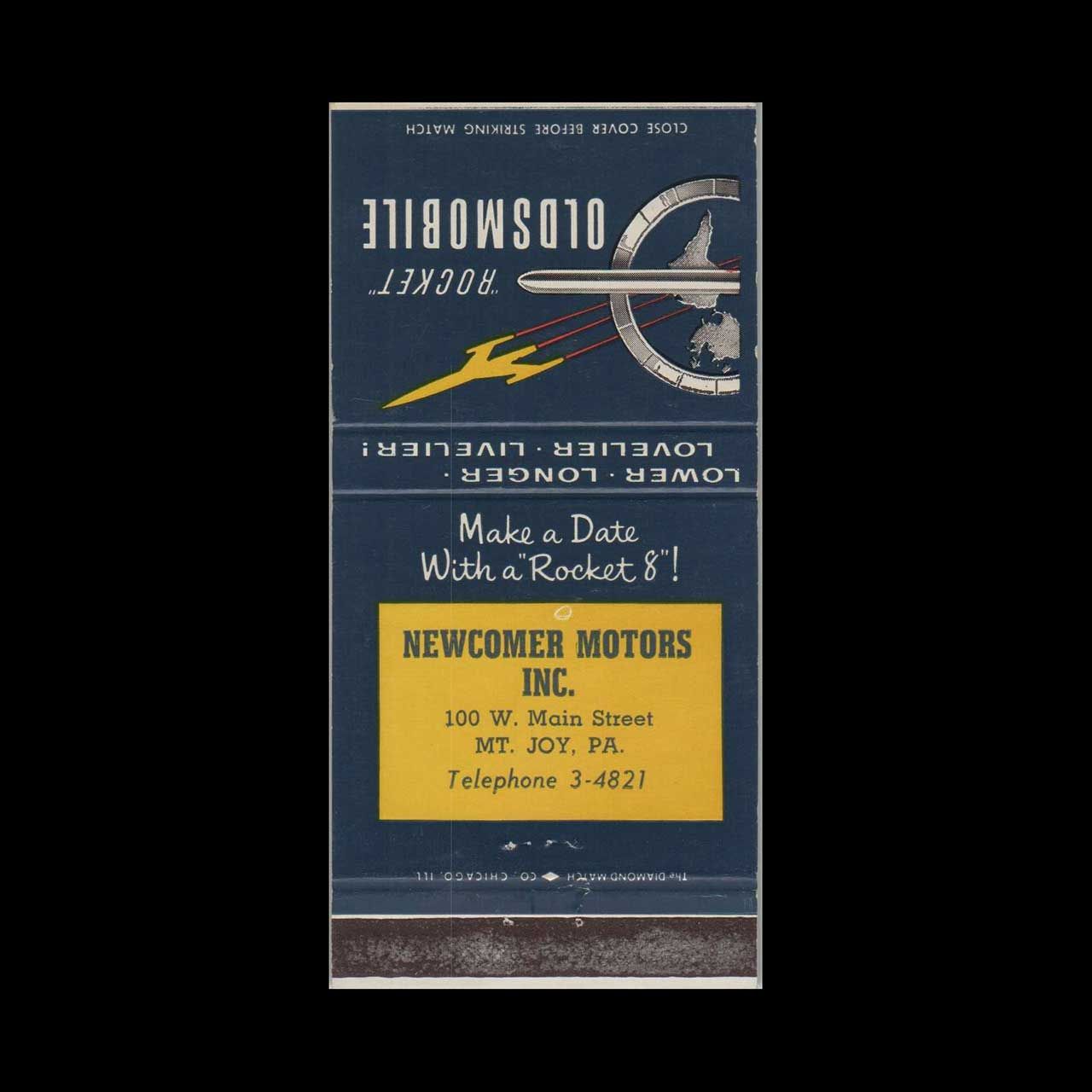 Oldsmobile Rocket Dealer Newcomer Motors Mt. Joy, PA Vintage Matchbook Advertising Cover