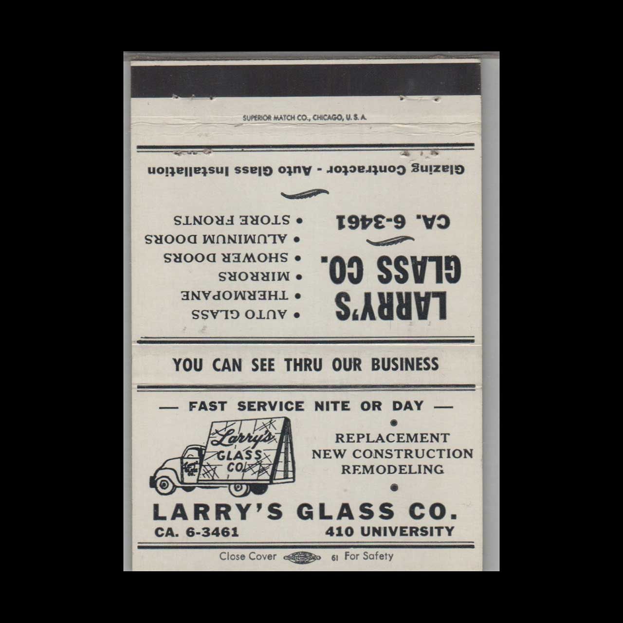 Larry&#39;s Glass Co. 410 University #1 Vintage Matchbook Advertising Cover