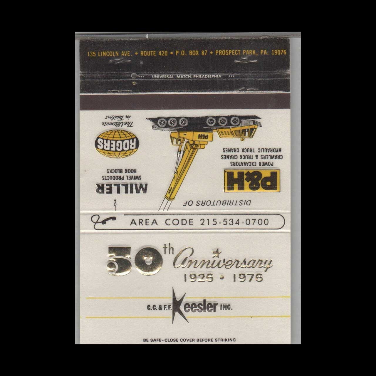 Keesler Excavation Eqiupment Prospect Park PA Vintage Matchbook Advertising Cover