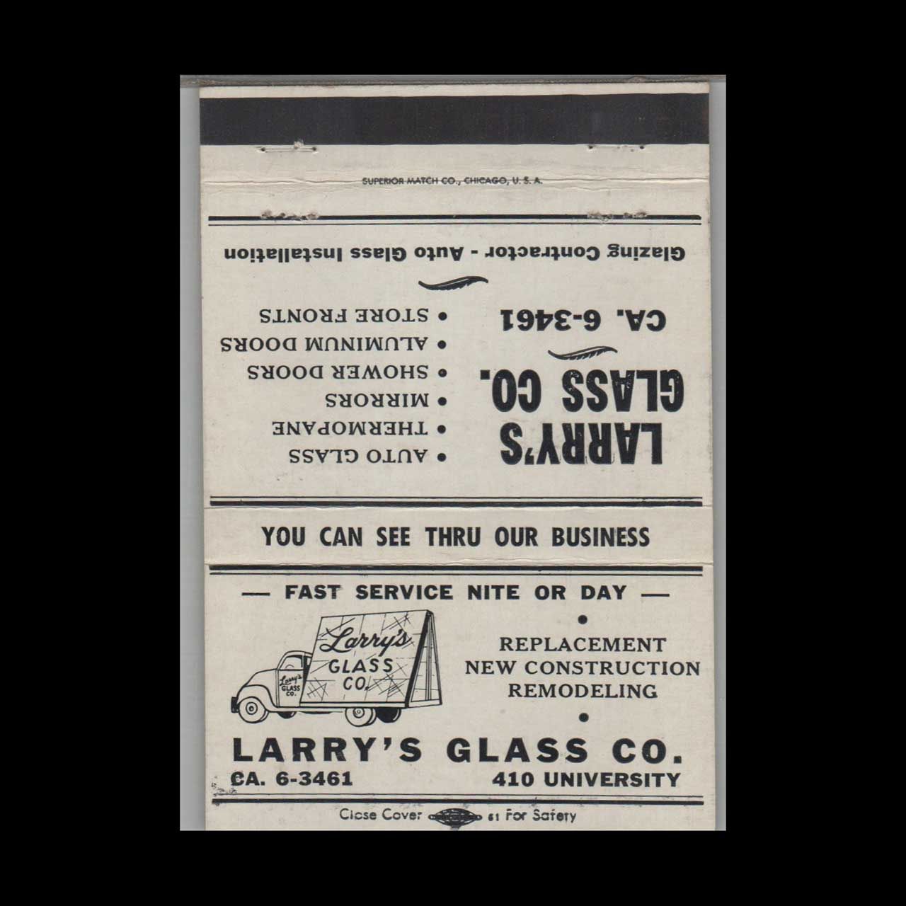 Larry&#39;s Glass Co. 410 University #2 Vintage Matchbook Advertising Cover