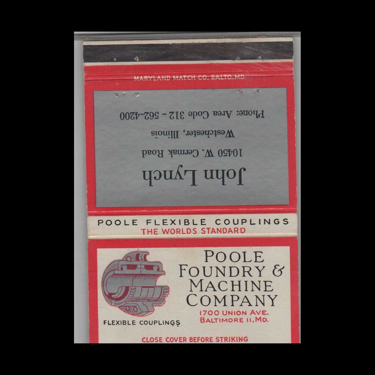 Poole Foundry &amp; Machine Company John Lynch Westchester IL Vintage Matchbook Advertising Cover