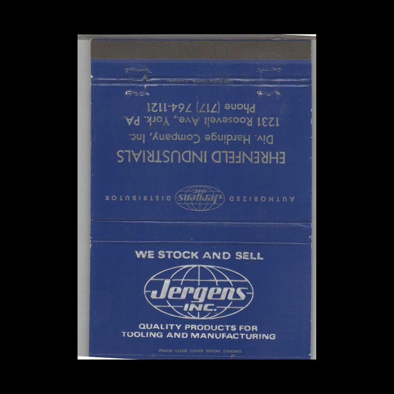 Jergens Inc Products For Tooling &amp; Manufacturing York PA Vintage Matchbook Advertising Cover