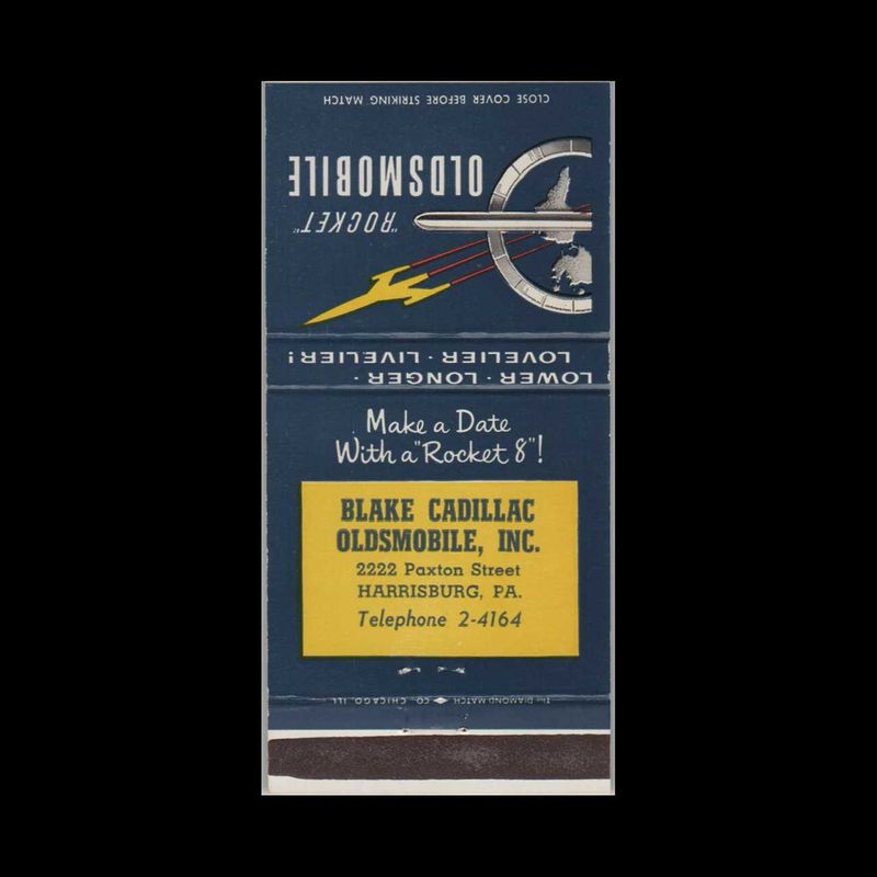 Oldsmobile Rocket Dealer Blake Oldsmobile Harrisburg, PA Vintage Matchbook Advertising Cover