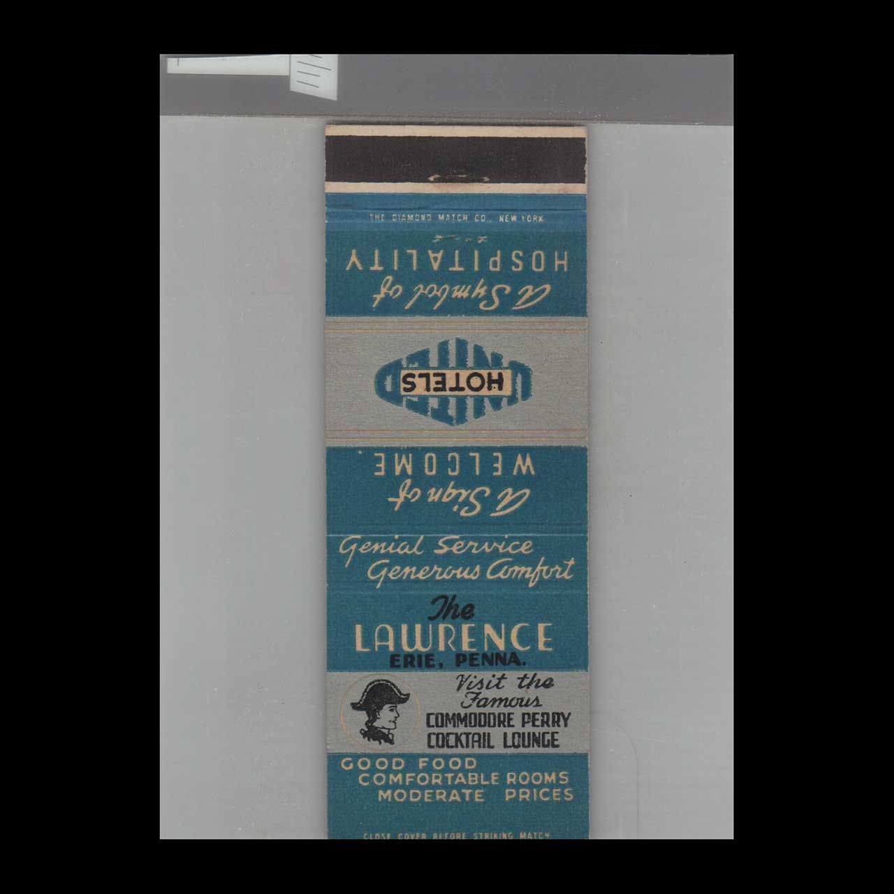 Lawrence Hotel Erie, PA Vintage Matchbook Advertising Cover