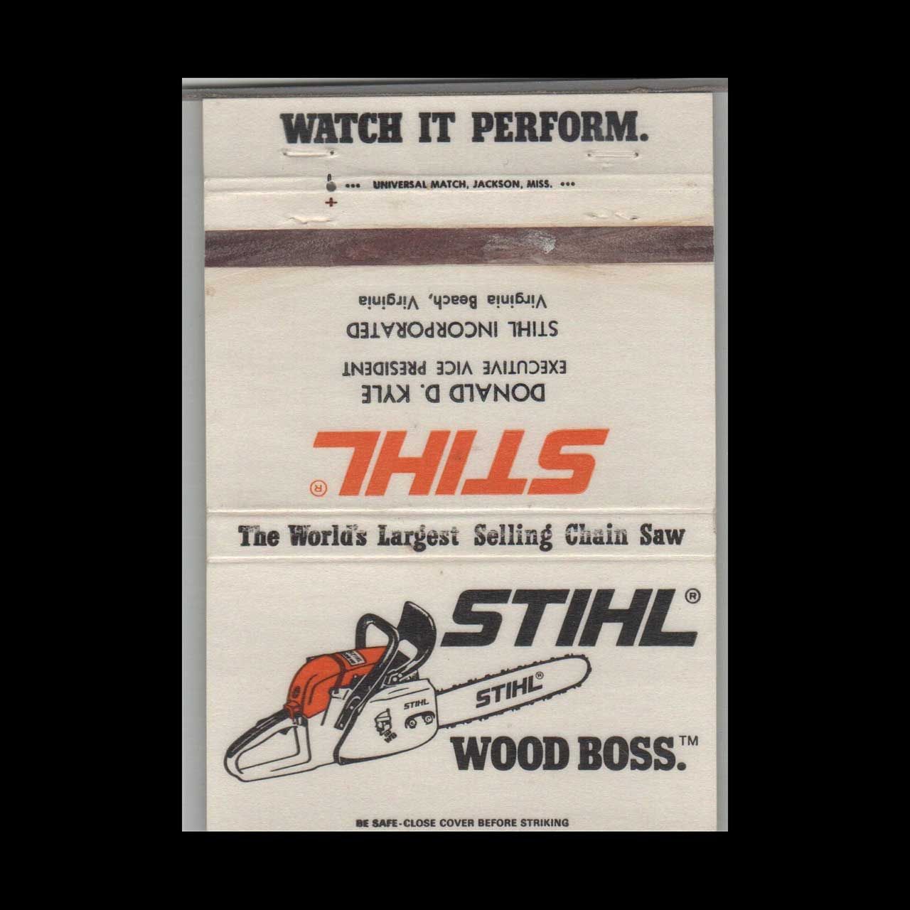Stihl Wood Boss Chain Saw Virginia Beach VA Vintage Matchbook Advertising Cover