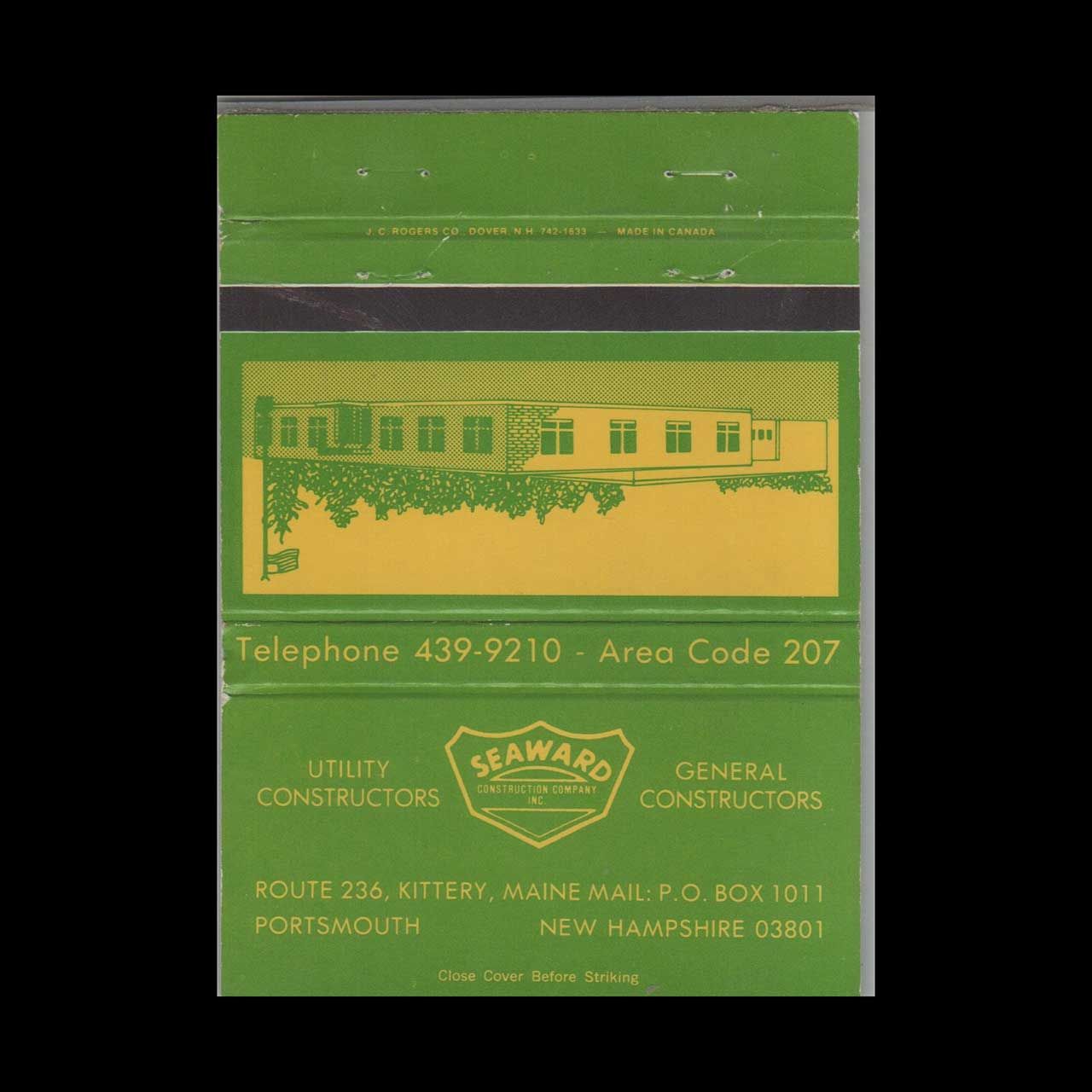 Seaward Construction Company Kittery ME Vintage Matchbook Advertising Cover