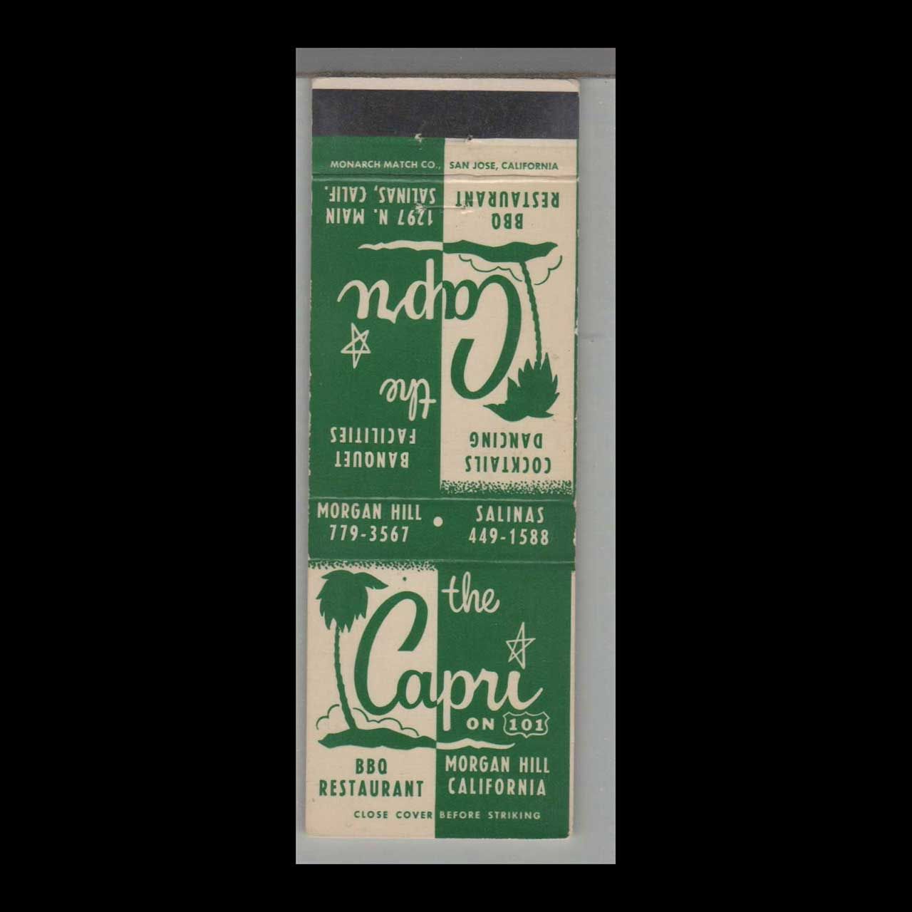 The Capri BBQ Restaurant Morgan Hill, CA Vintage Matchbook Advertising Cover