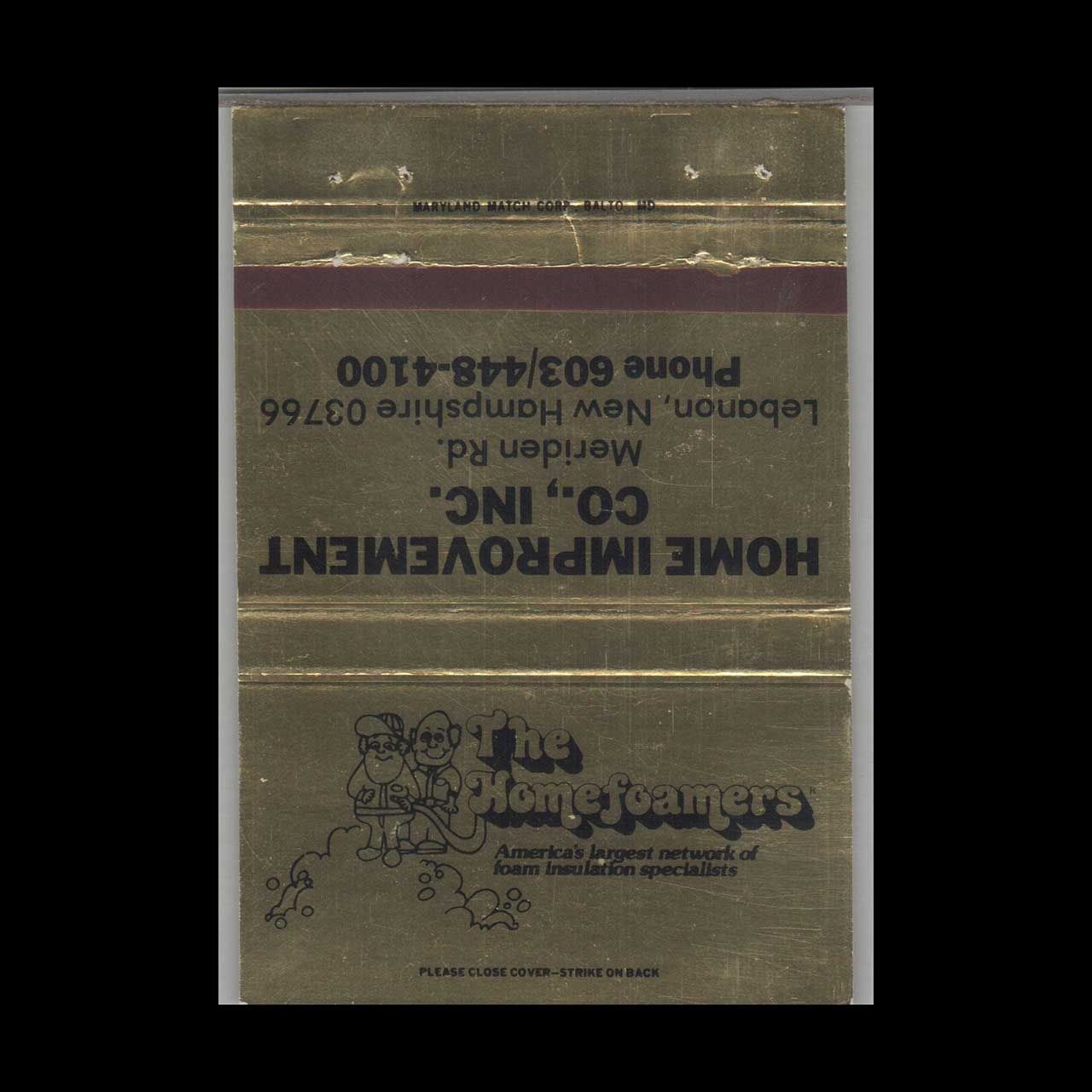 Homefoamers Co Inc Lebanon NH Gold Vintage Matchbook Advertising Cover