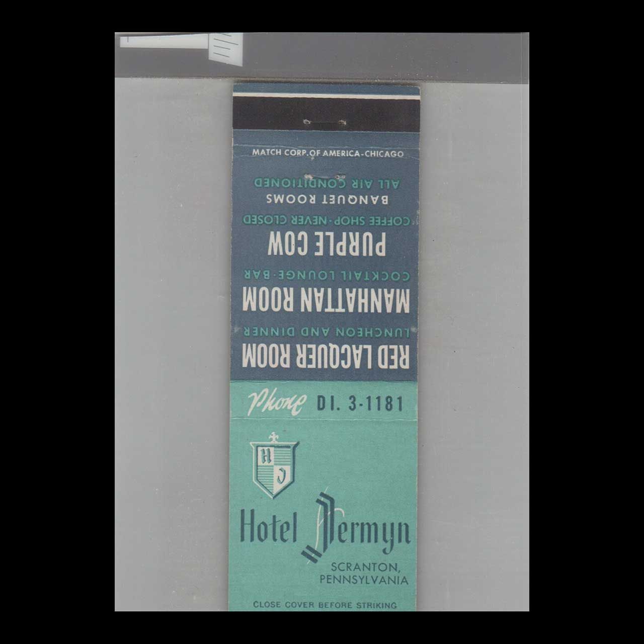 Hotel Jermyn Scranton, PA Vintage Matchbook Advertising Cover