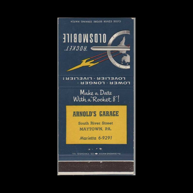 Oldsmobile Rocket Dealer Arnold&#39;s Garage Maytown, PA Vintage Matchbook Advertising Cover
