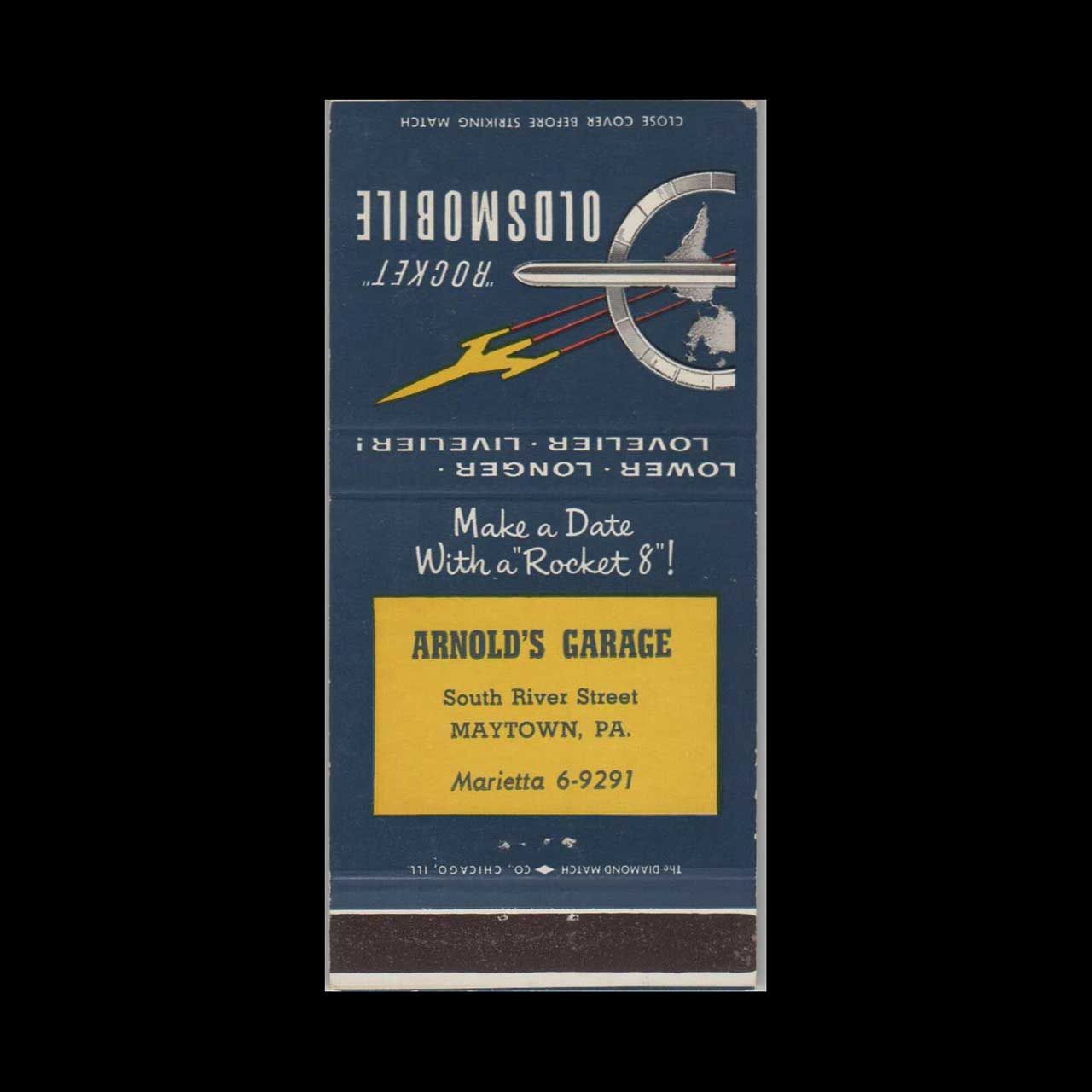 Oldsmobile Rocket Dealer Arnold&#39;s Garage Maytown, PA Vintage Matchbook Advertising Cover