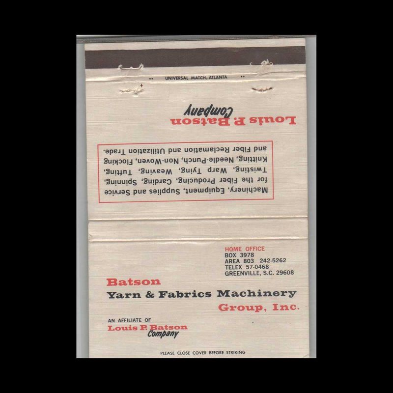 Batson Yarn and Fabrics Machinery Greenville SC Vintage Matchbook Advertising Cover