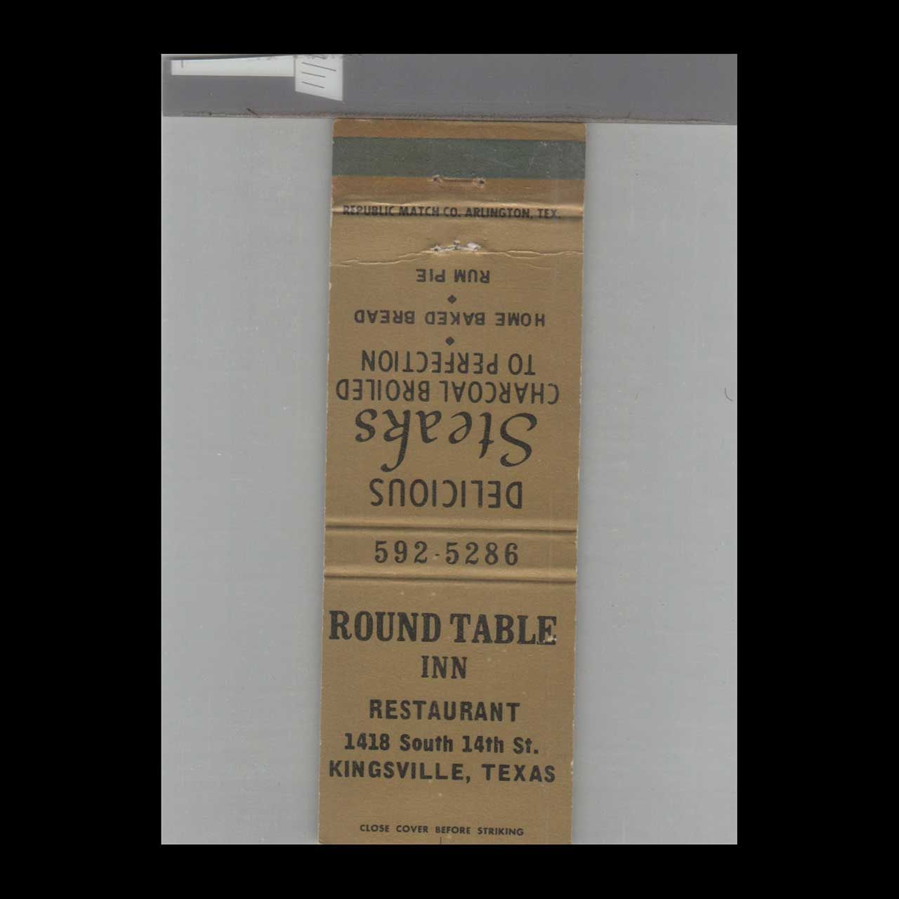 Round Table Inn Kingsville, TX Vintage Matchbook Advertising Cover