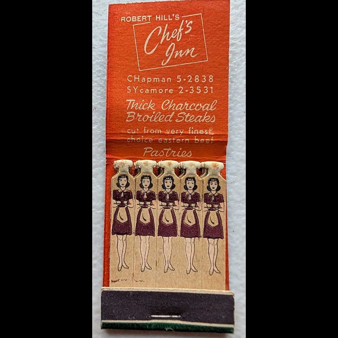 Feature Matchbook Full Book Robert Hill&#39;s Chef&#39;s Inn Glendale &amp; Pasadena, CA Vintage Matchbook Advertising Cover