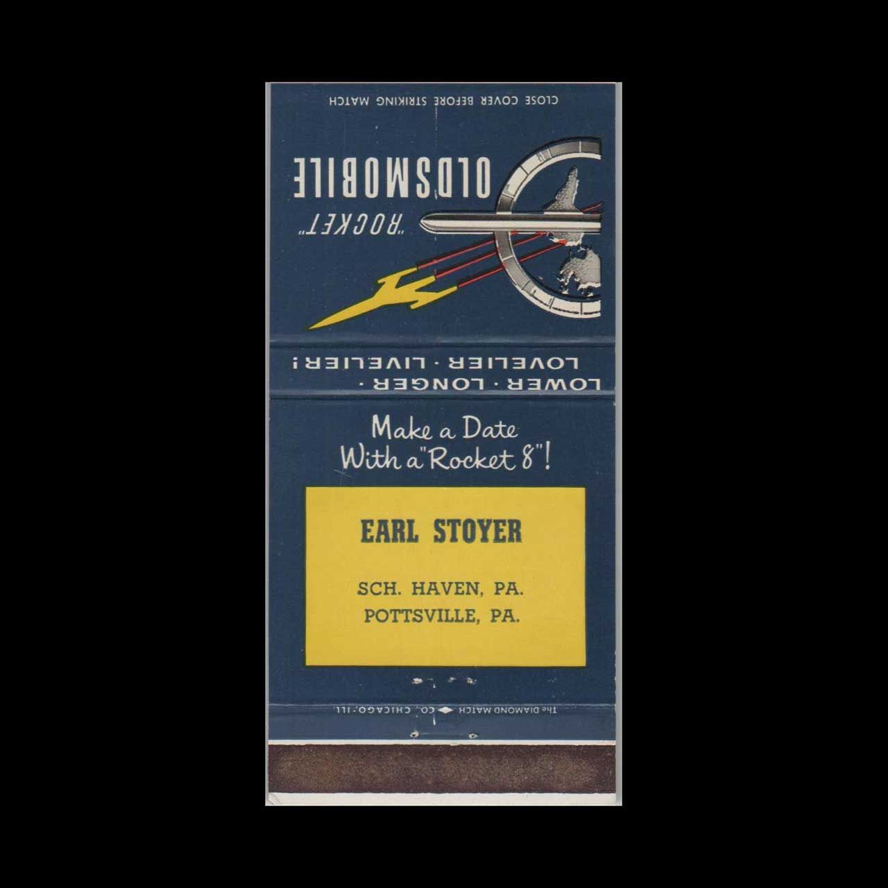 Oldsmobile Rocket Dealer Earl Stoyer Pottsville, PA Vintage Matchbook Advertising Cover