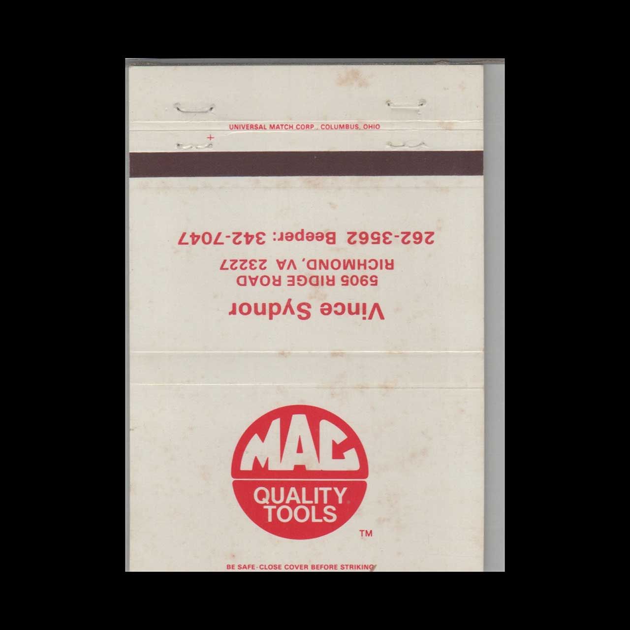 MAC Quality Tools Vince Sydnor Richmond VA Vintage Matchbook Advertising Cover