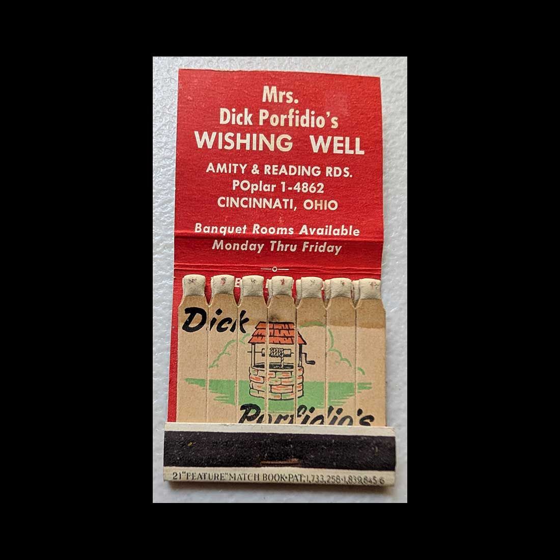 Feature Matchbook Full Book Mrs. Dick Porfidio&#39;s Wishing Well Cincinnati, OH Vintage Matchbook Advertising Cover