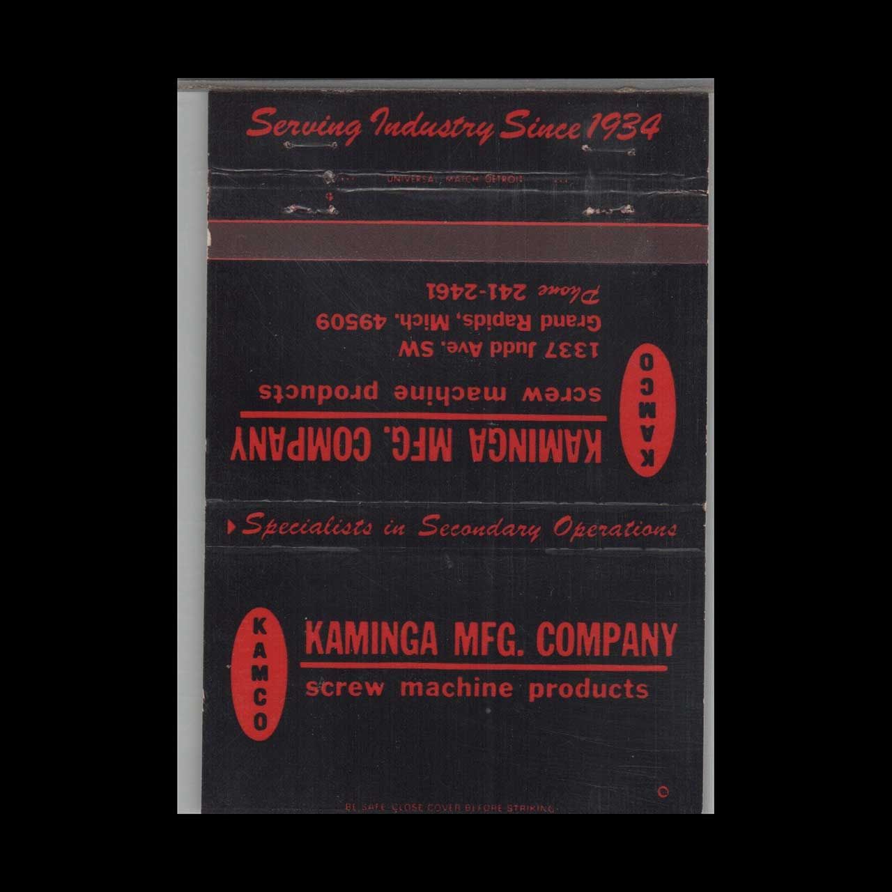 Kaminga Mfg Company Screw Machine Products Grand Rapids MI Vintage Matchbook Advertising Cover