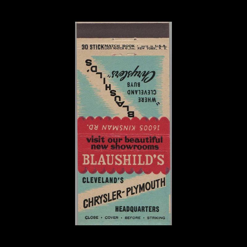 Chrysler Plymouth Dealer Blaushild&#39;s Cleveland, OH Vintage Matchbook Advertising Cover