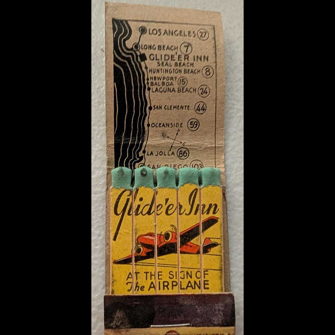 Feature Matchbook Full Book Glid&#39;er Inn And Eat Airplane Seal Beach, CA Vintage Matchbook Advertising Cover