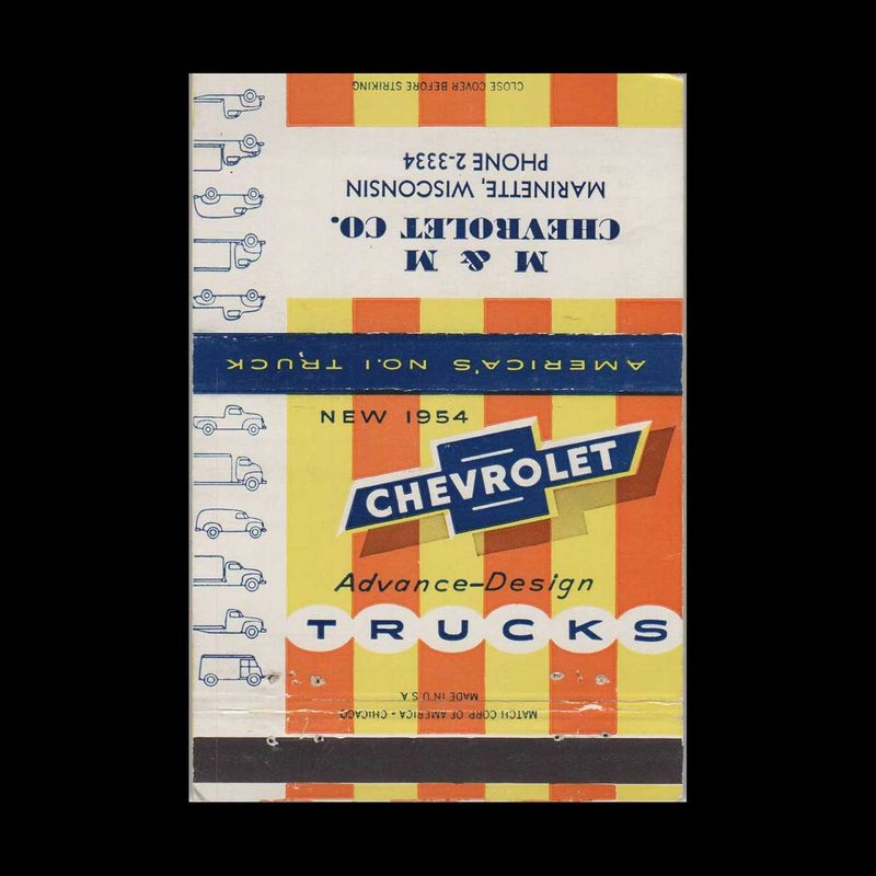 Chevrolet Dealer - M&amp;M Chevrolet Marinette, WI Vintage Matchbook Advertising Cover