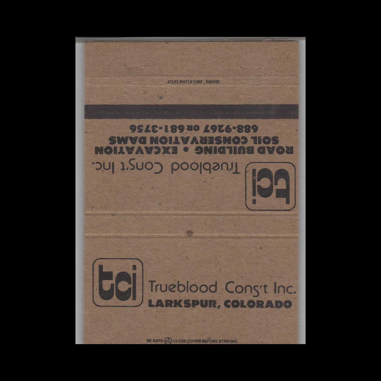Trueblood Const Inc Larkspur CO Vintage Matchbook Advertising Cover