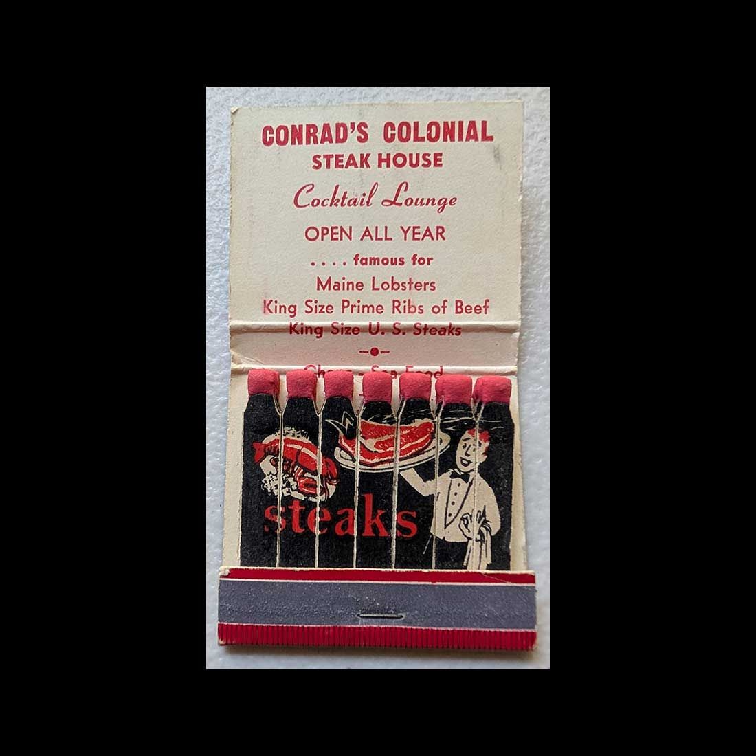 Feature Matchbook Full Book Conrad&#39;s Colonial Steak House Atlantic City, NJ Vintage Matchbook Advertising Cover