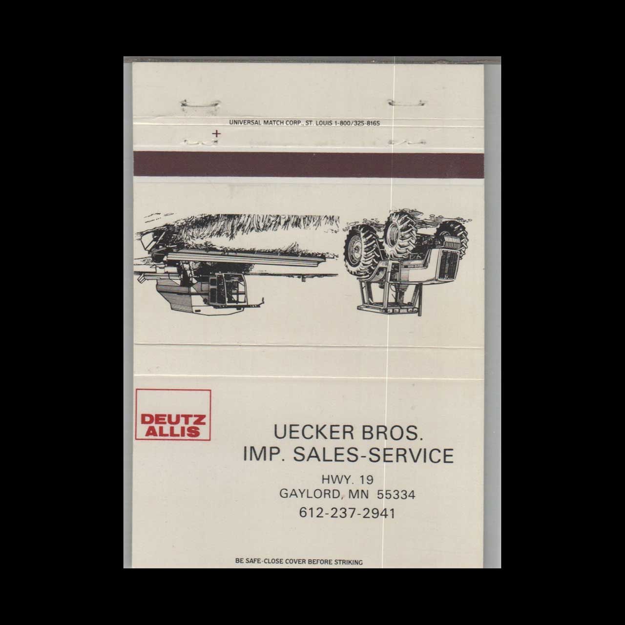 Deutz Allis Uecker Bros Imp Sales Service Gaylord MN Vintage Matchbook Advertising Cover