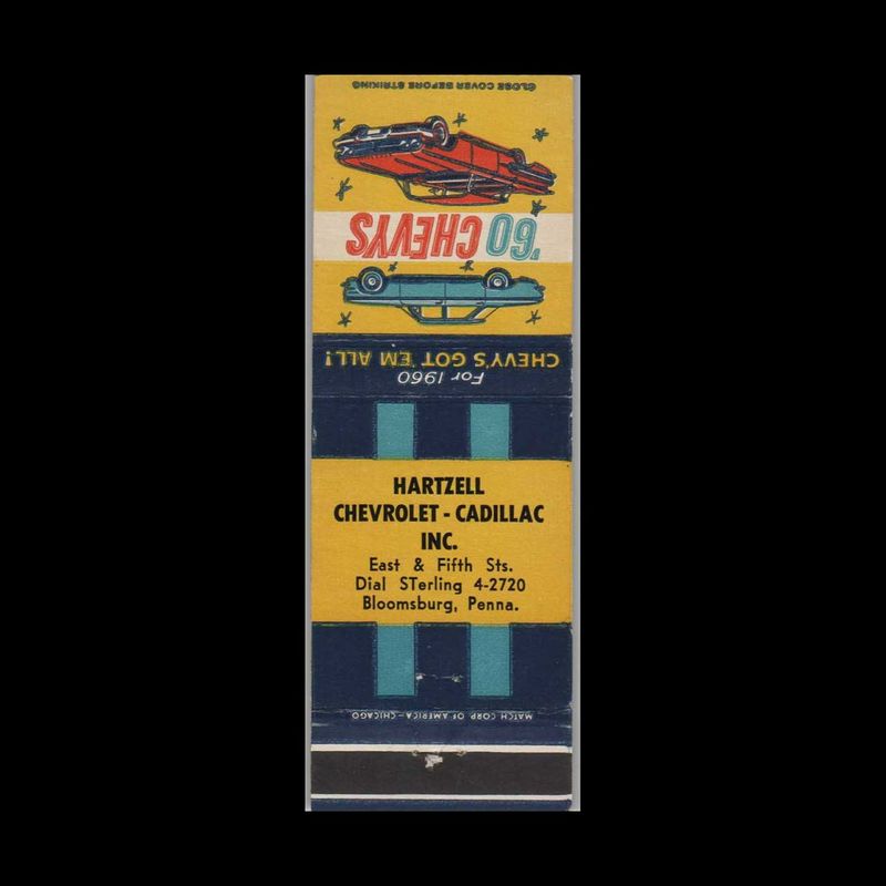 1960 Chevrolet Dealer Hartzell Chevrolet Cadillac Bloomsburg, Vintage Matchbook Advertising Cover