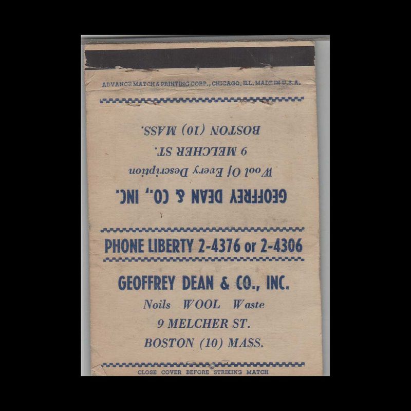 Geoffrey Dean &amp; Co. Inc Noils Wood Waste Boston MA #1 Vintage Matchbook Advertising Cover